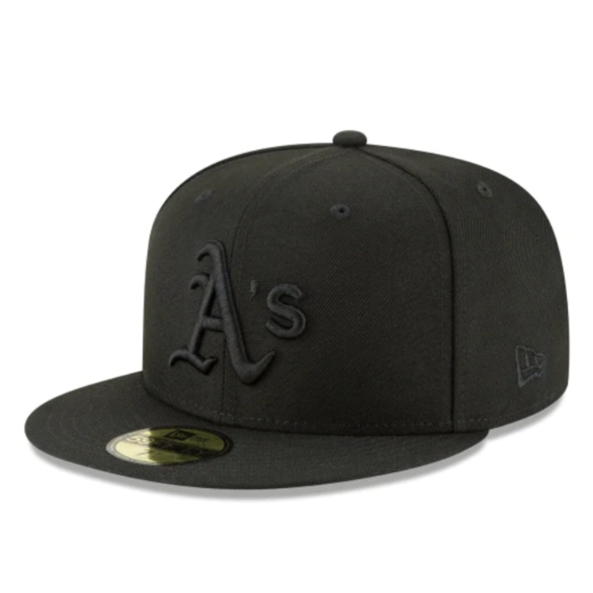 New Era Oakland Athletics A’s Black on Black 59FIFTY Fitted Hat Front Side view