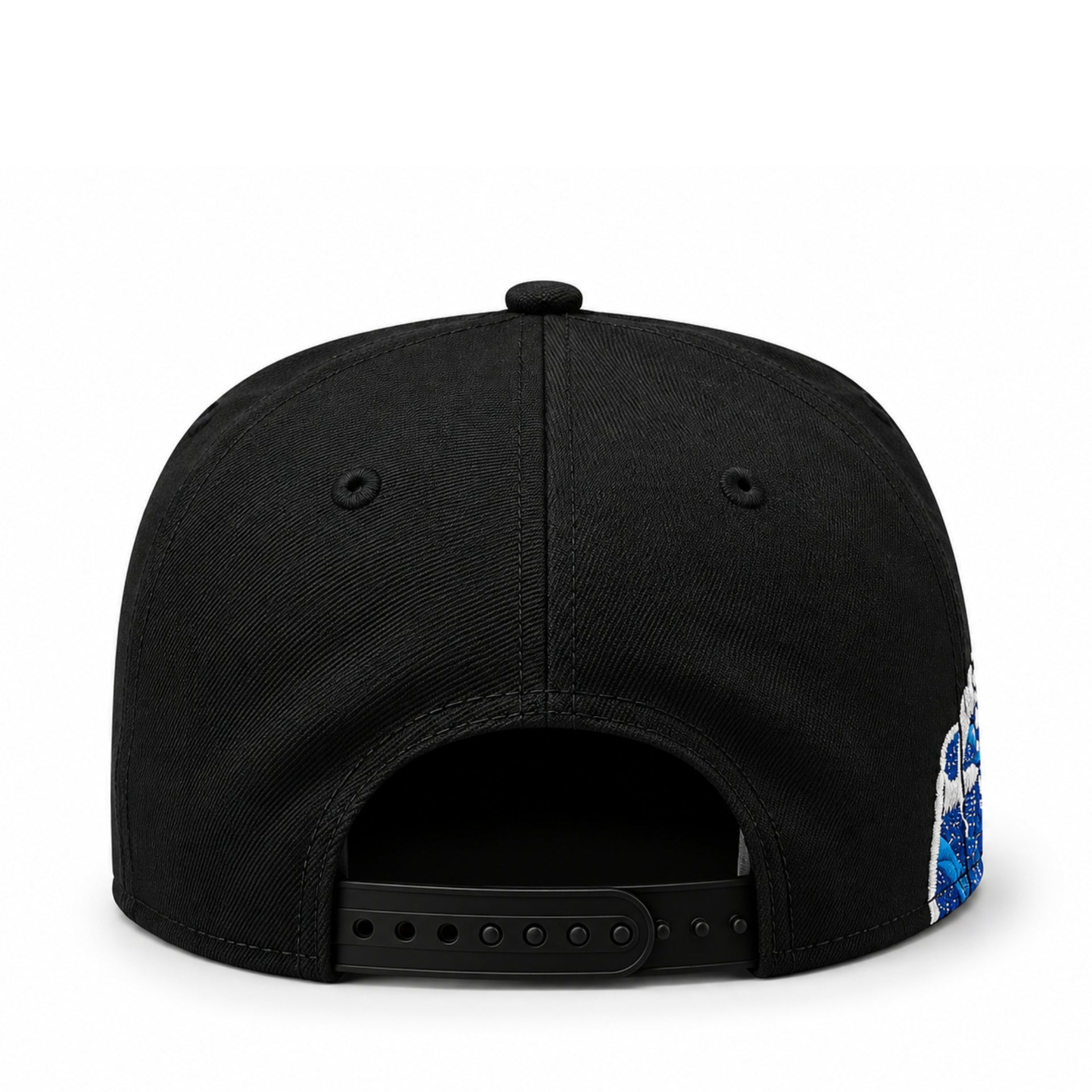 Black cap with a colorful logo on the back on a white background