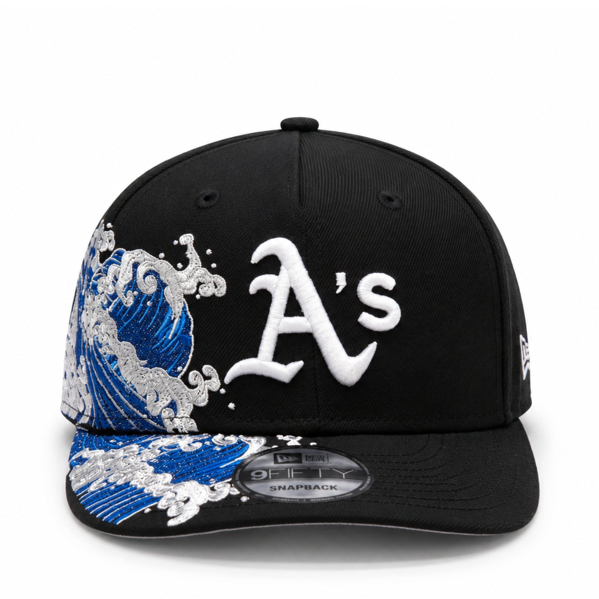 Black baseball cap with blue wave design and 'A's' logo on a white background
