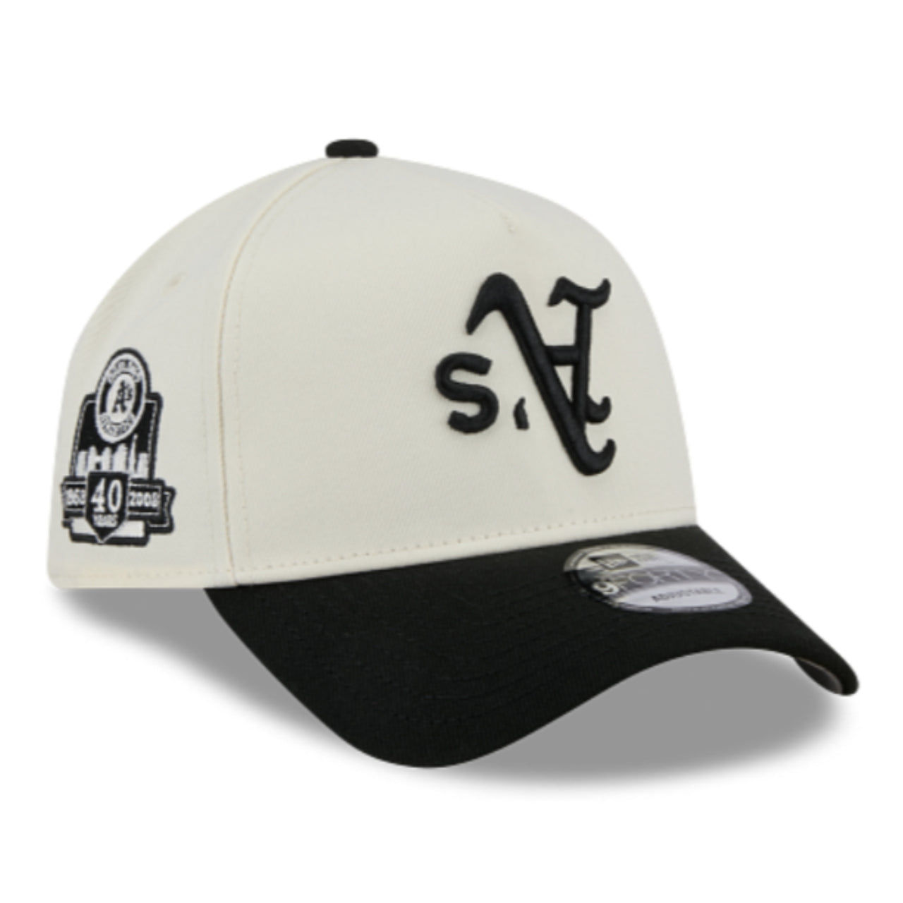 New Era Oakland Athletics Upside Down Chrome Black 9FORTY A-FRAME Snapback Hat front right angle view