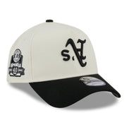 New Era Oakland Athletics Upside Down Chrome Black 9FORTY A-FRAME Snapback Hat front right angle view