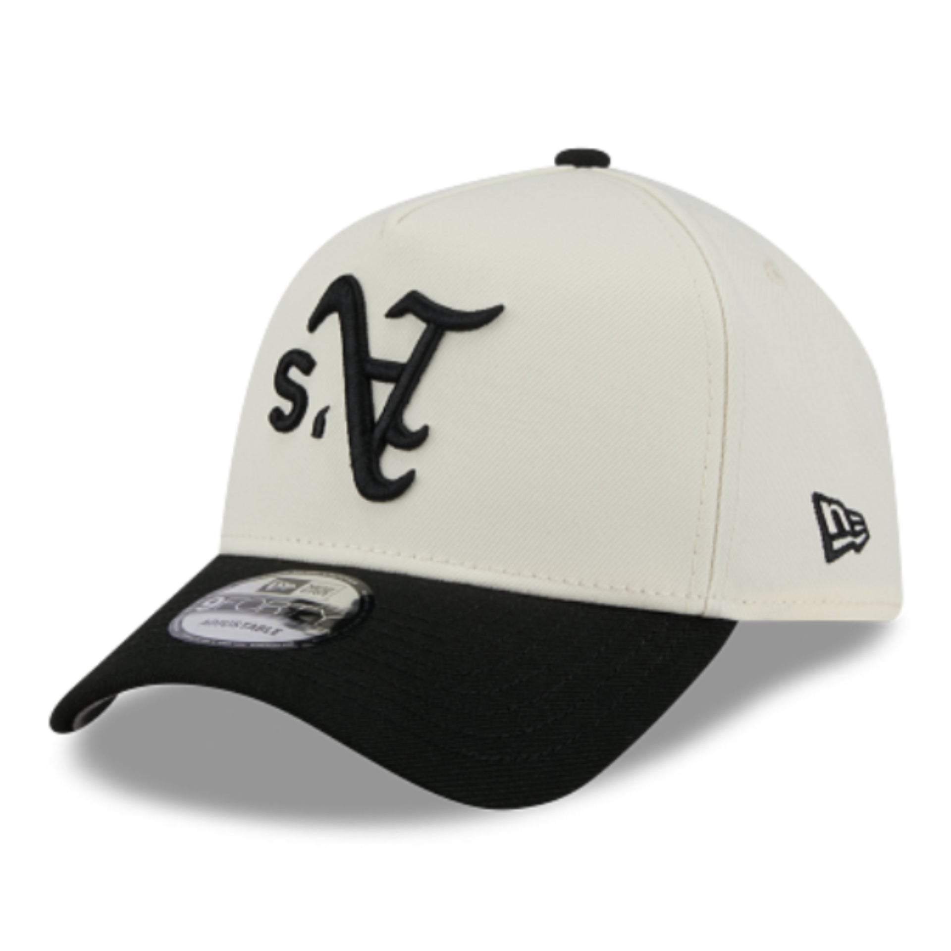 New Era Oakland Athletics Upside Down Chrome Black 9FORTY A-FRAME Snapback Hat front left angle view