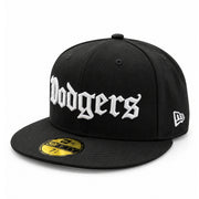 New Era Los Angeles Dodgers Old English Black White 59FIFTY Fitted Hat front angled view