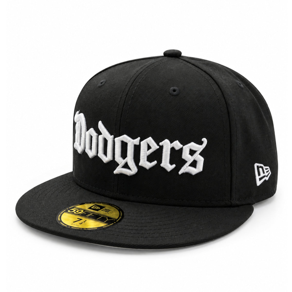 New Era Los Angeles Dodgers Old English Black White 59FIFTY Fitted Hat front angled view