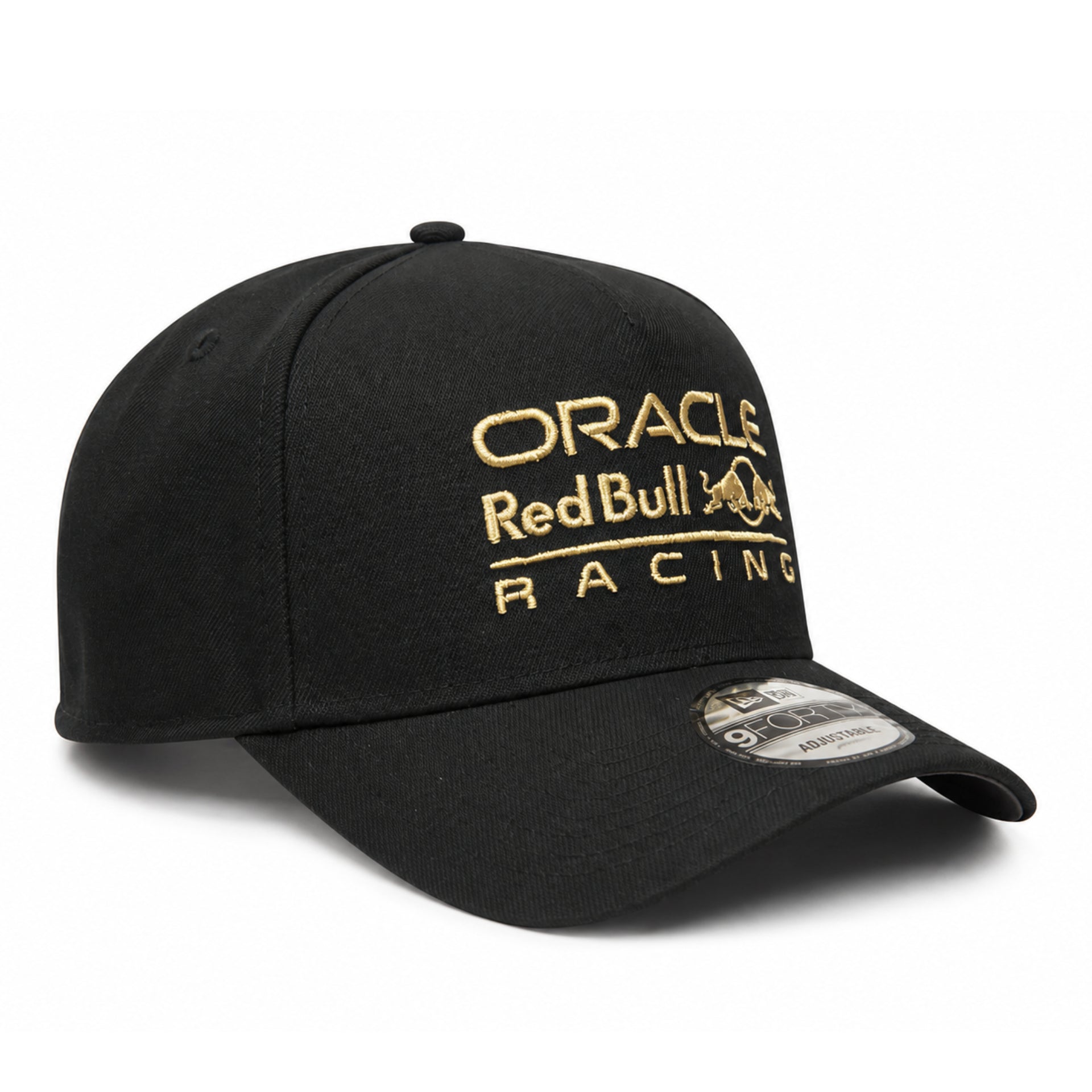 angled view of New Era Oracle Red Bull Racing black gold 9FORTY A-Frame snapback hat with gold embroidered logo