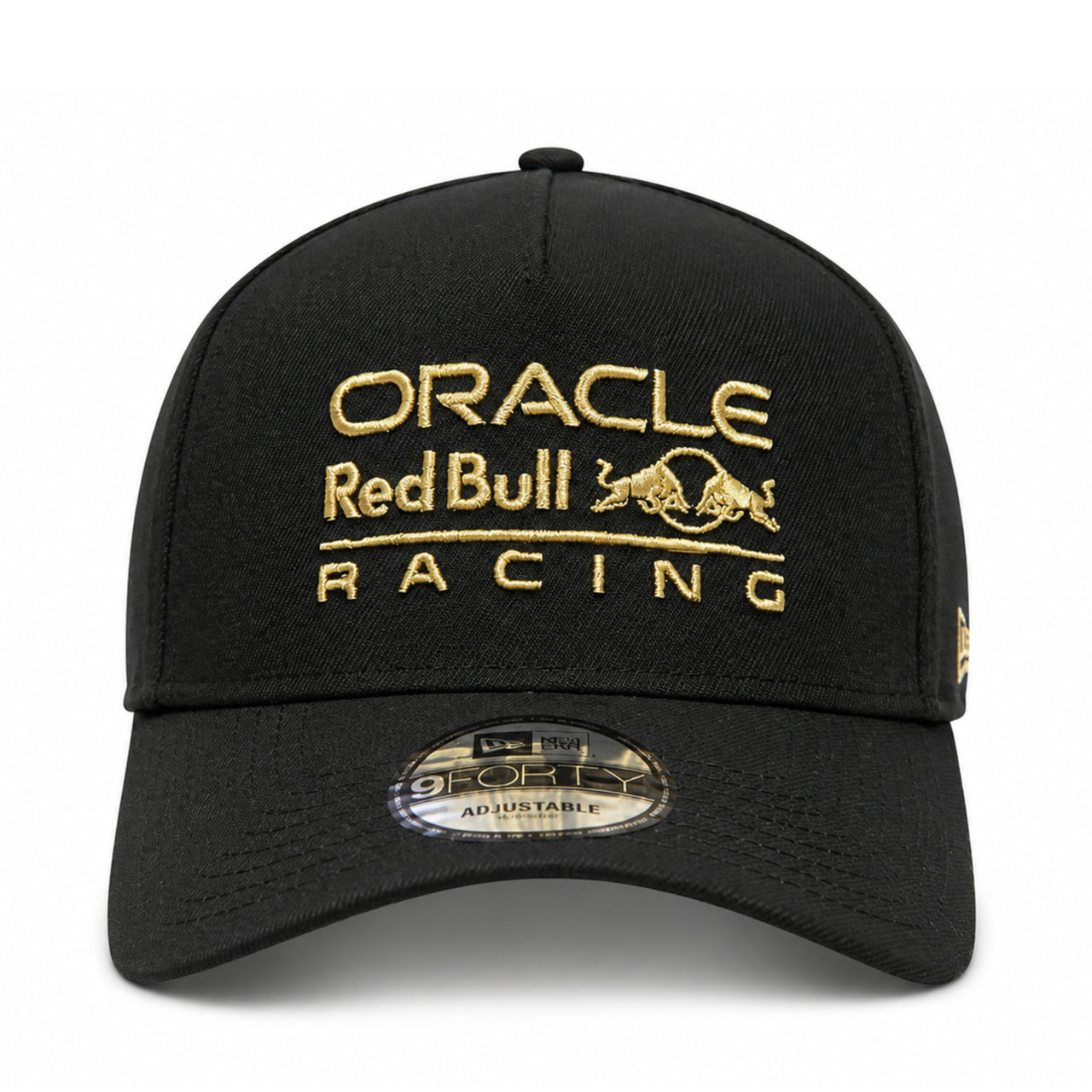 front view of  New Era Oracle Red Bull Racing black gold 9FORTY A-Frame snapback hat with gold embroidered logo