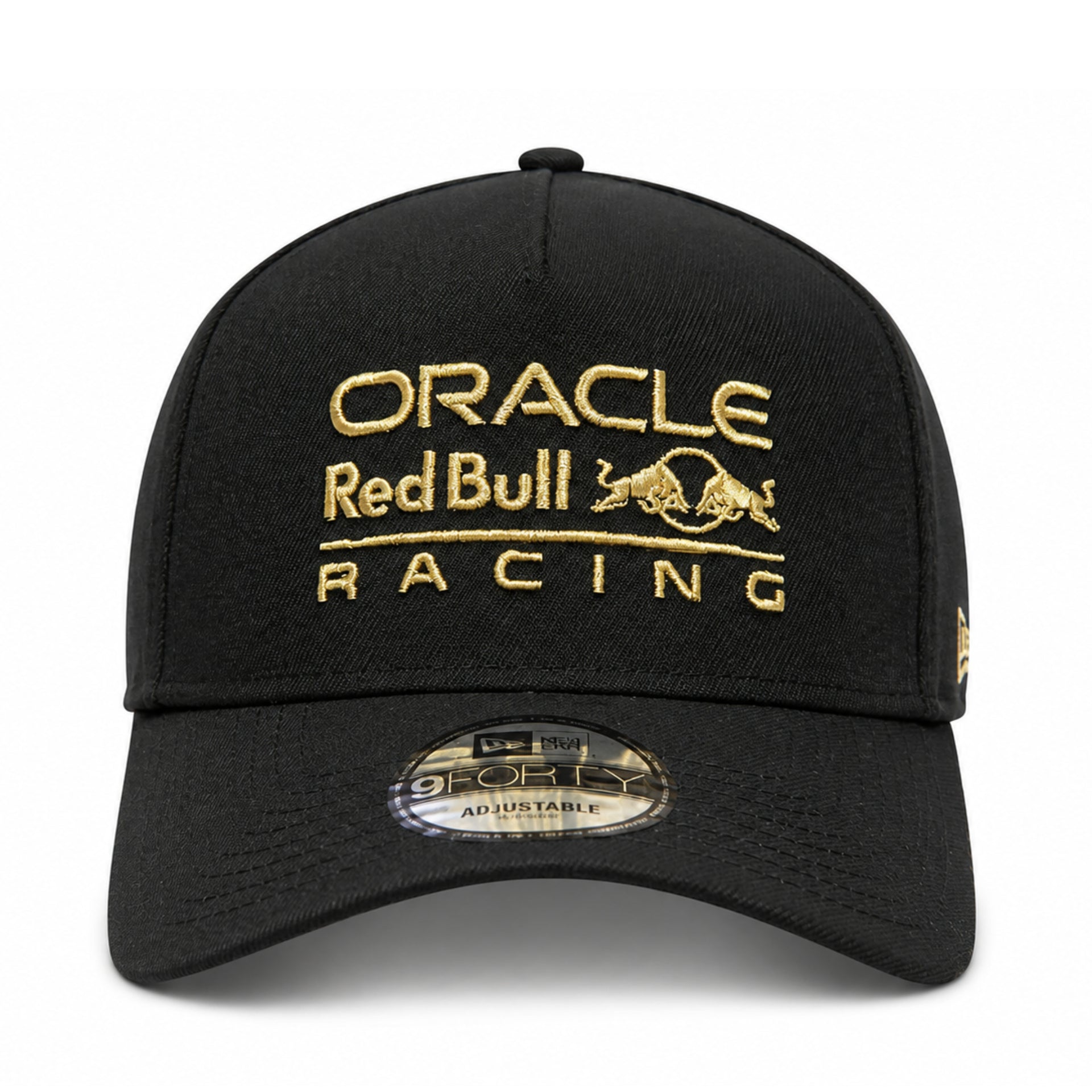 front view of  New Era Oracle Red Bull Racing black gold 9FORTY A-Frame snapback hat with gold embroidered logo