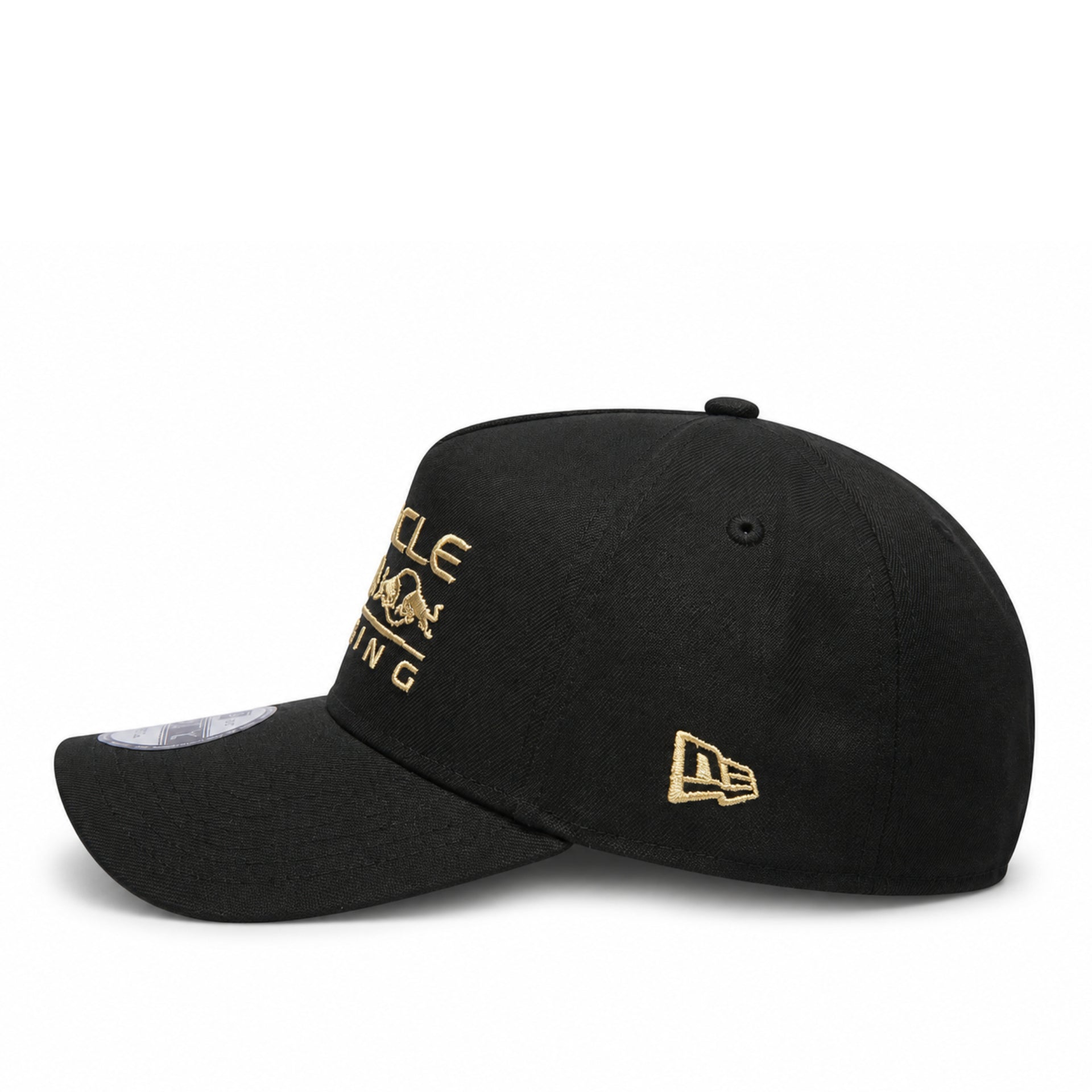 side view of New Era Oracle Red Bull Racing black gold 9FORTY A-Frame snapback hat with gold embroidered logo