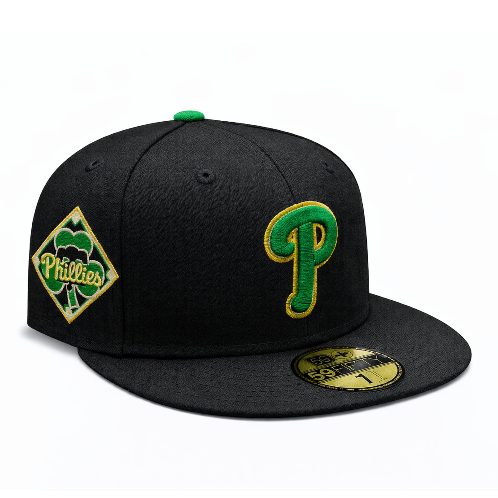 New Era Philadelphia Phillies Saint Patrick's Day Black White 59FIFTY Fitted Hat front view