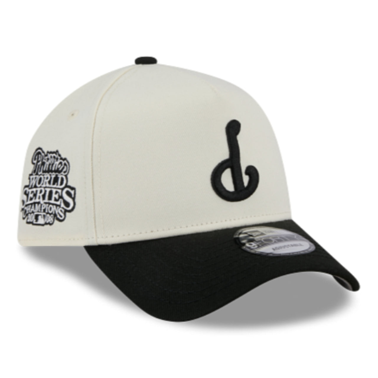 New Era Philadelphia Phillies Upside Down Chrome Black 9FORTY A-Frame Snapback Hat front right angle view