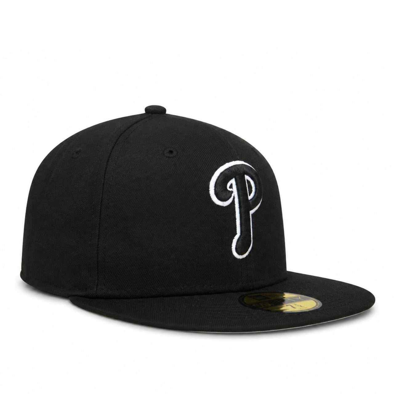 Angled view of New Era Philadelphia Phillies P Black White Outline 59FIFTY Fitted Hat
