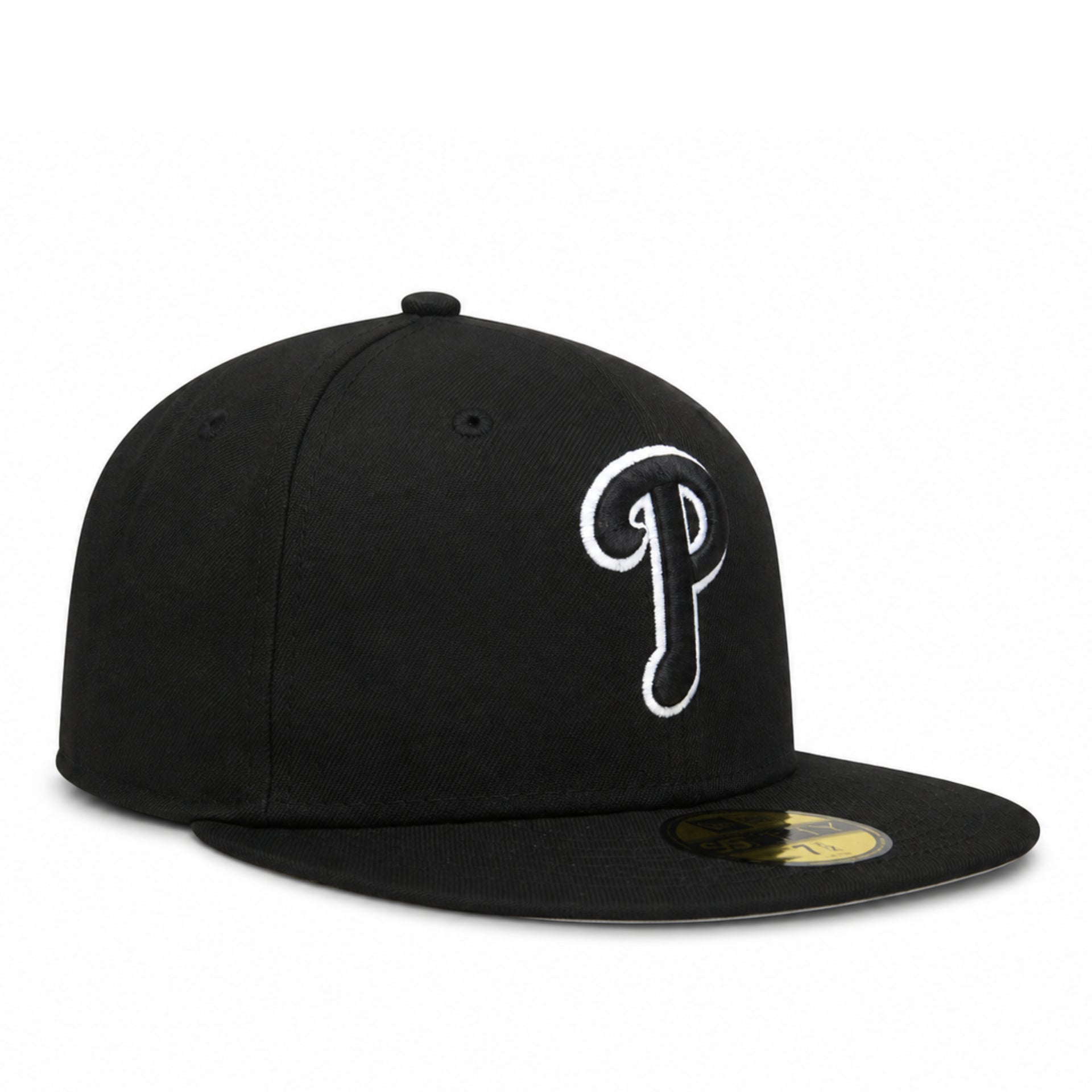 Angled view of New Era Philadelphia Phillies P Black White Outline 59FIFTY Fitted Hat