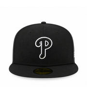 Front view of New Era Philadelphia Phillies P Black White Outline 59FIFTY Fitted Hat