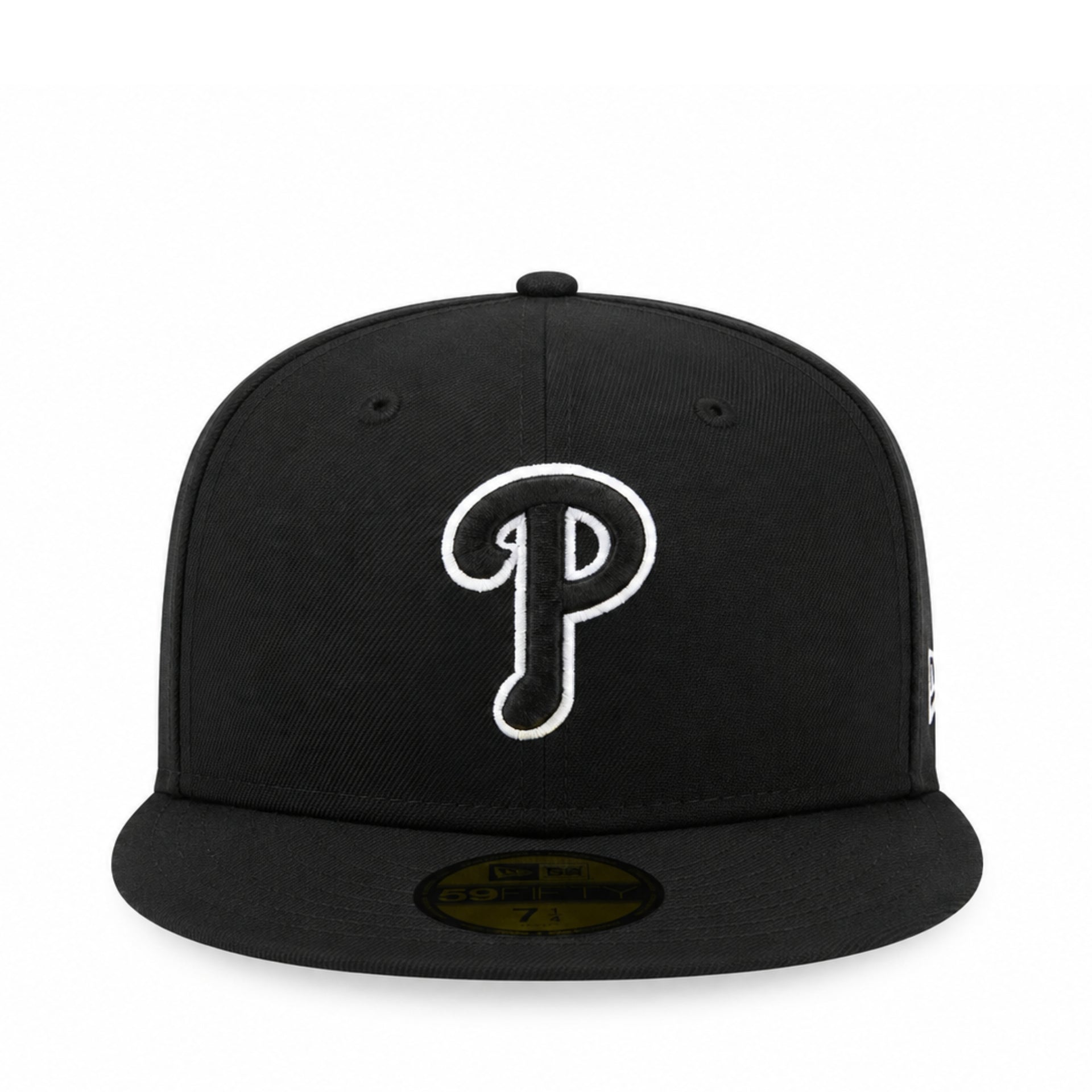 Front view of New Era Philadelphia Phillies P Black White Outline 59FIFTY Fitted Hat