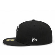 Side view of New Era Philadelphia Phillies P Black White Outline 59FIFTY Fitted Hat with New Era logo