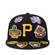 New Era Pittsburgh Pirates All Over Logo 59FIFTY Fitted Hat Black front view
