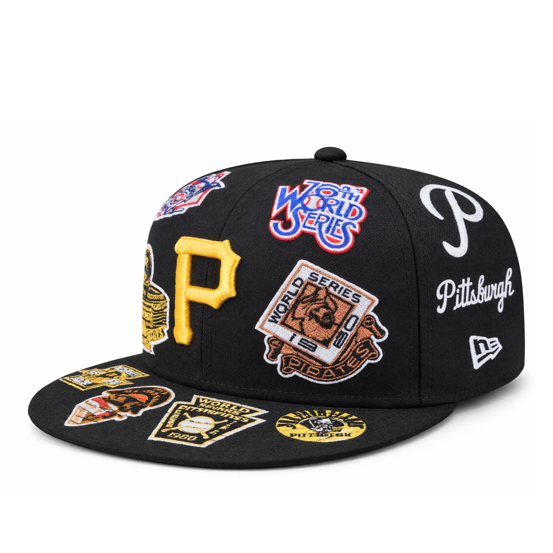 New Era Pittsburgh Pirates All Over Logo 59FIFTY Fitted Hat Black left front view