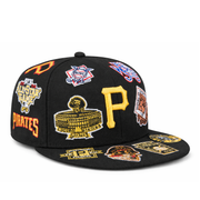 New Era Pittsburgh Pirates All Over Logo 59FIFTY Fitted Hat Black right front view