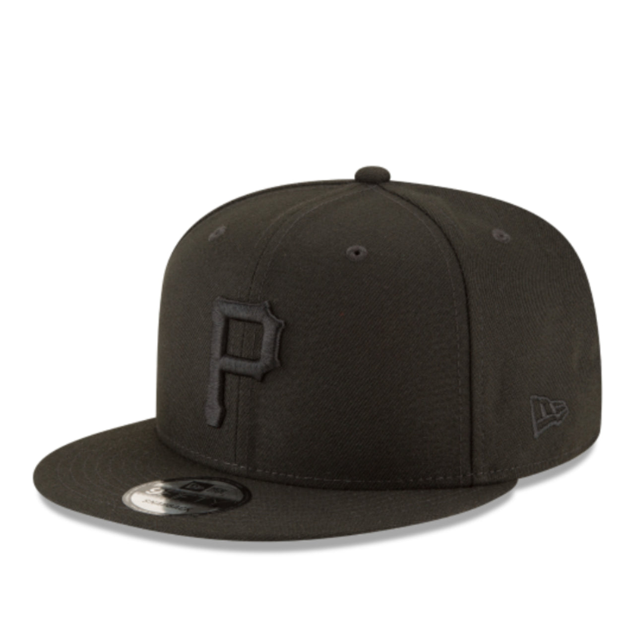 New Era Pittsburgh Pirates Black Out 9FIFTY Snapback Hat front left angle view