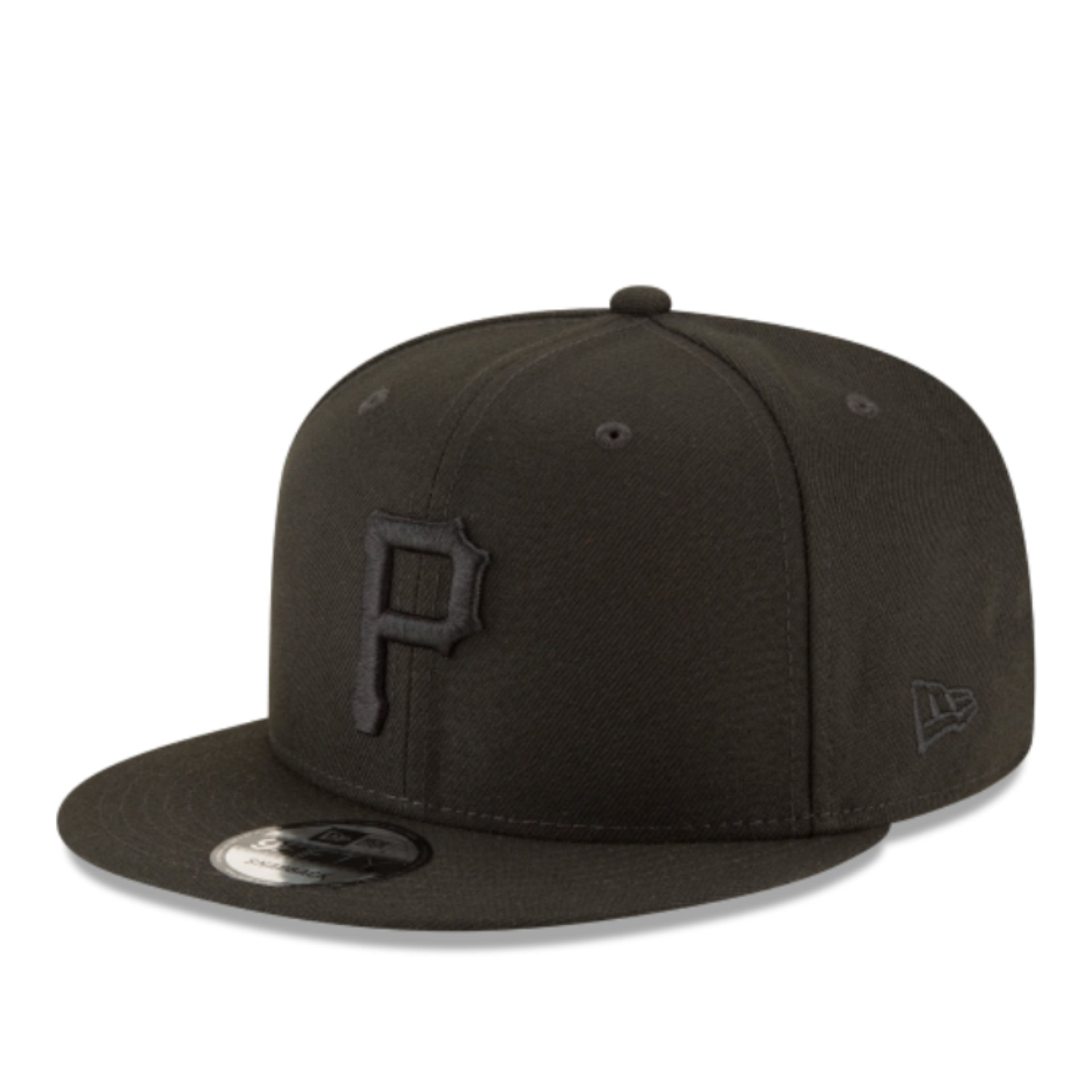 New Era Pittsburgh Pirates Black Out 9FIFTY Snapback Hat front left angle view
