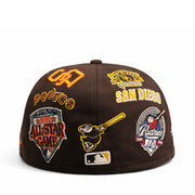 back of New Era San Diego Padres All Over Multi Patch 59FIFTY Fitted Hat-Burnt Wood