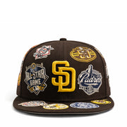 front view of New Era San Diego Padres All Over Multi Patch 59FIFTY Fitted Hat-Burnt Wood