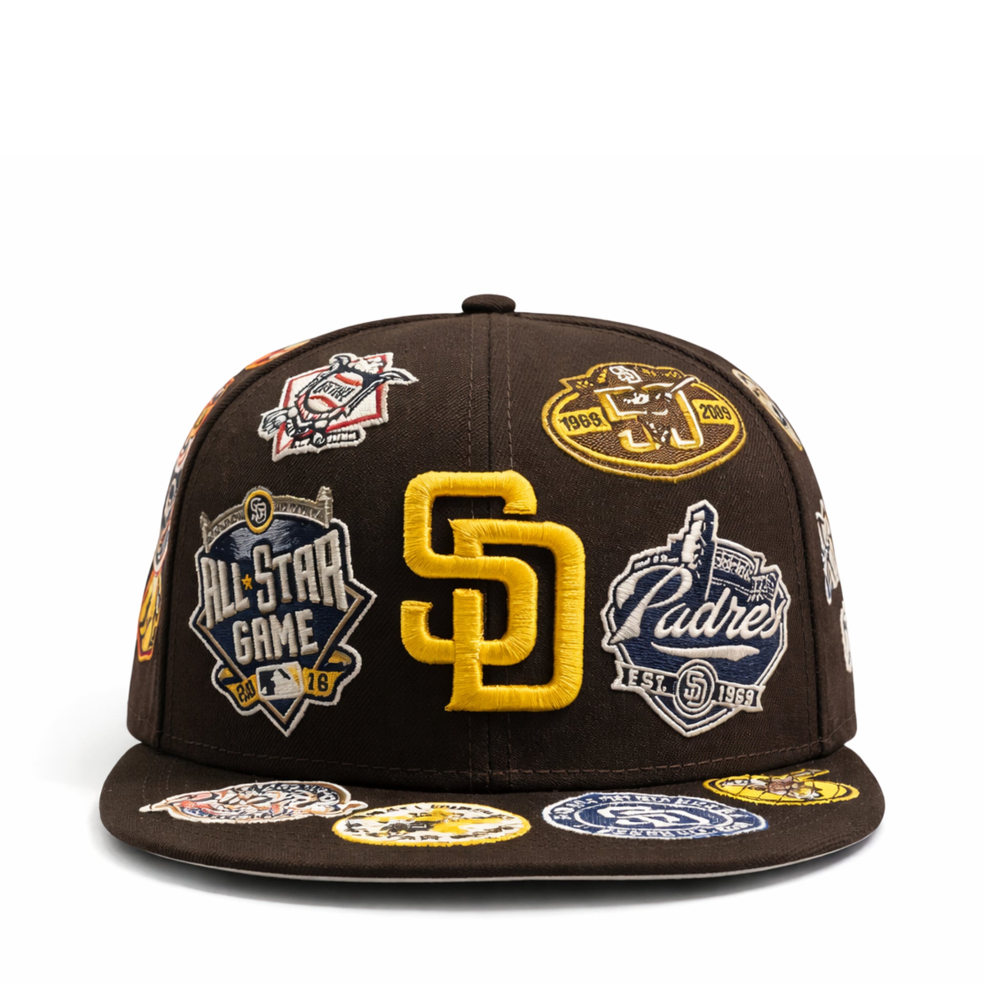 front view of New Era San Diego Padres All Over Multi Patch 59FIFTY Fitted Hat-Burnt Wood