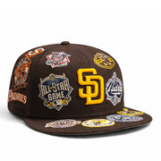 right front of New Era San Diego Padres All Over Multi Patch 59FIFTY Fitted Hat-Burnt Wood