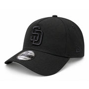 New Era San Diego Padres Black on Black 9FORTY A-Frame Snapback Hat front angled view