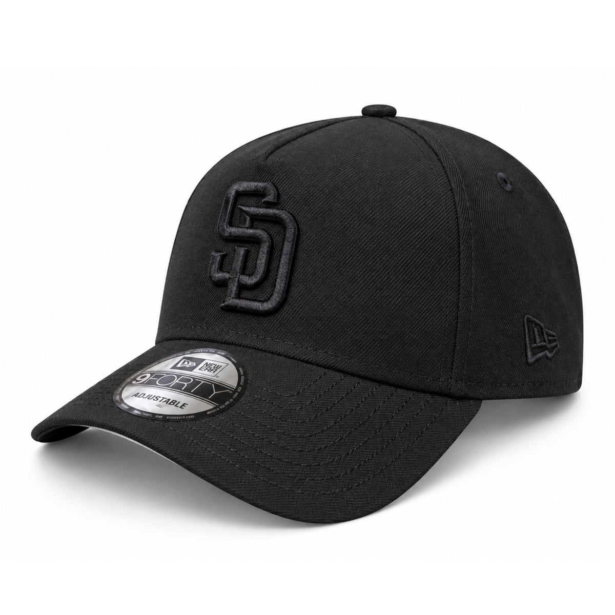 New Era San Diego Padres Black on Black 9FORTY A-Frame Snapback Hat front angled view