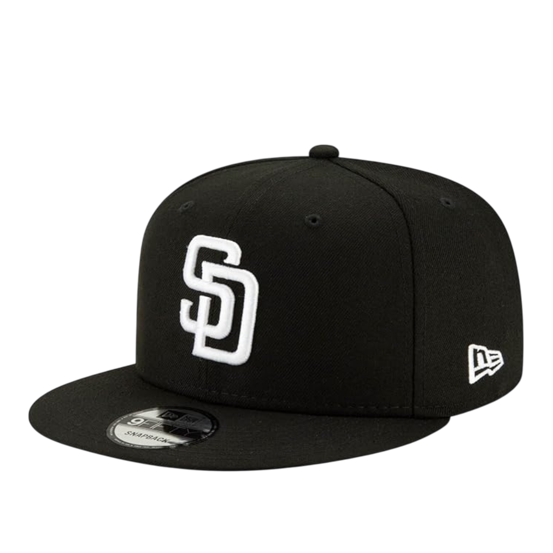 New Era San Diego Padres Black White 9FIFTY Snapback Hat  front left angle view