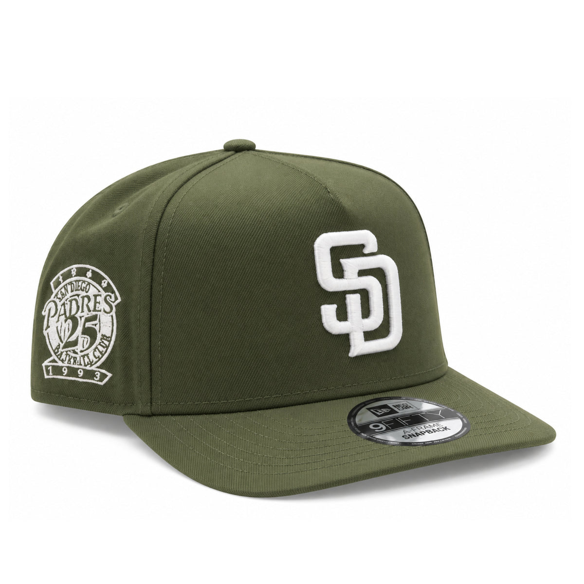 New Era San Diego Padres Olive Green 9FIFTY A-Frame Snapback Hat front angled view