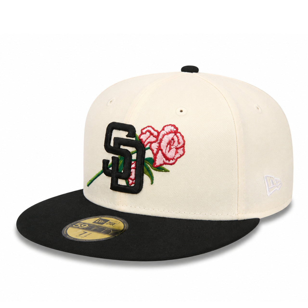Two-tone cap with embroidered rose design on a white background