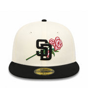 Baseball cap with logo and rose design on a white background