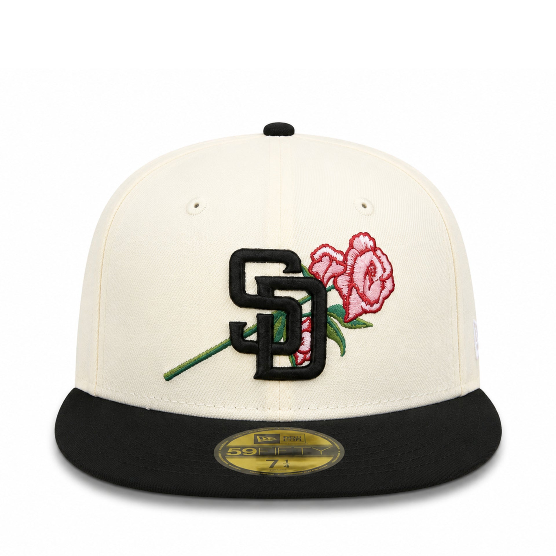Baseball cap with logo and rose design on a white background