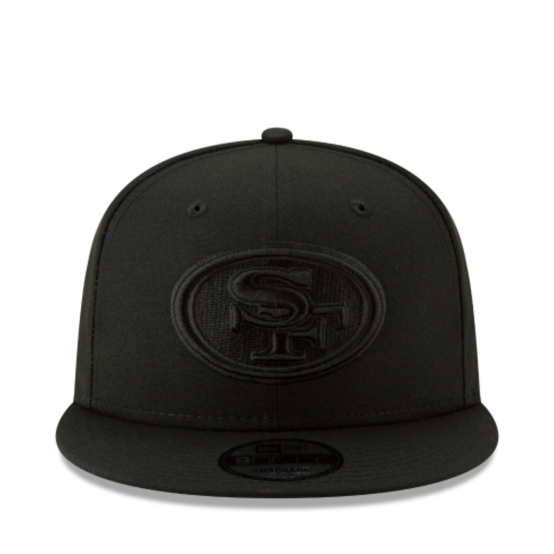 New Era San Francisco 49ers Black on Black 9FIFTY Snapback Hat front view