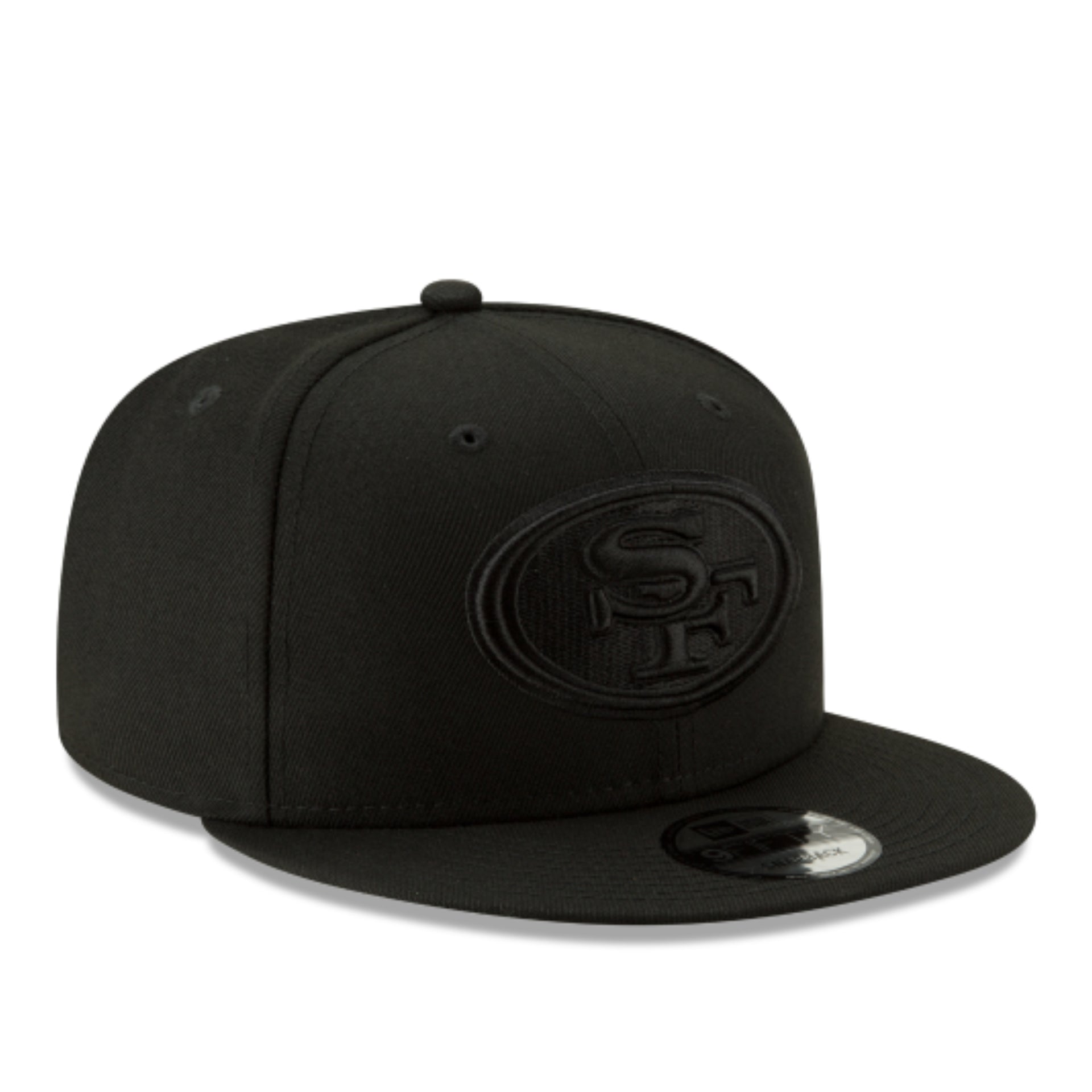 New Era San Francisco 49ers Black on Black 9FIFTY Snapback Hat front side view