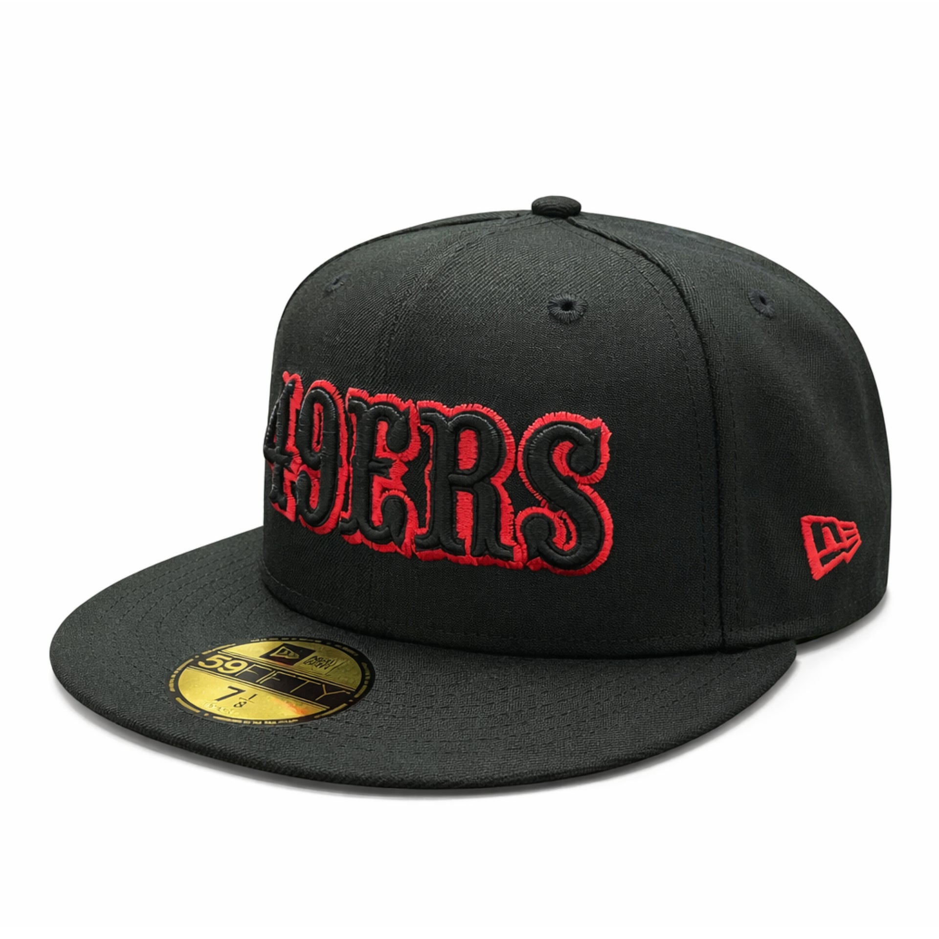 New Era San Francisco 49ers 60 Season Side Patch 59FIFTY Fitted Cap Black Red Outlined left front view