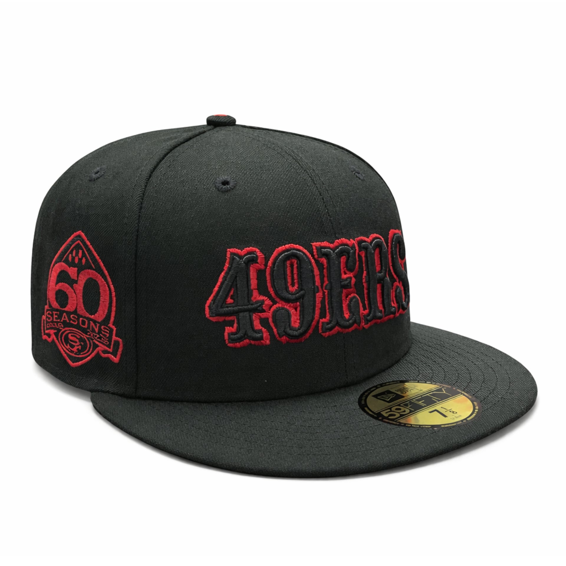 New Era San Francisco 49ers 60 Season Side Patch 59FIFTY Fitted Cap Black Red Outlined right front view