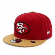 New Era San Francisco 49ers Red Gold 9FIFTY Snapback Hat front left angle view