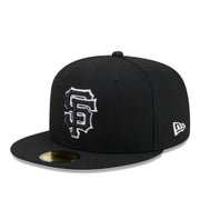 New Era San Francisco Giants Black White Outlined 59FIFTY Fitted Hat front left angle view