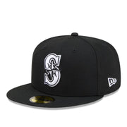 New Era Seattle Mariners Black White 59FIFTY Fitted Hat front angle view