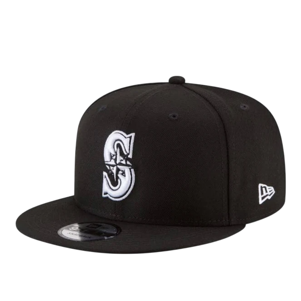 New Era Seattle Mariner Black and White 9FIFTY Snapback Hat front angle view