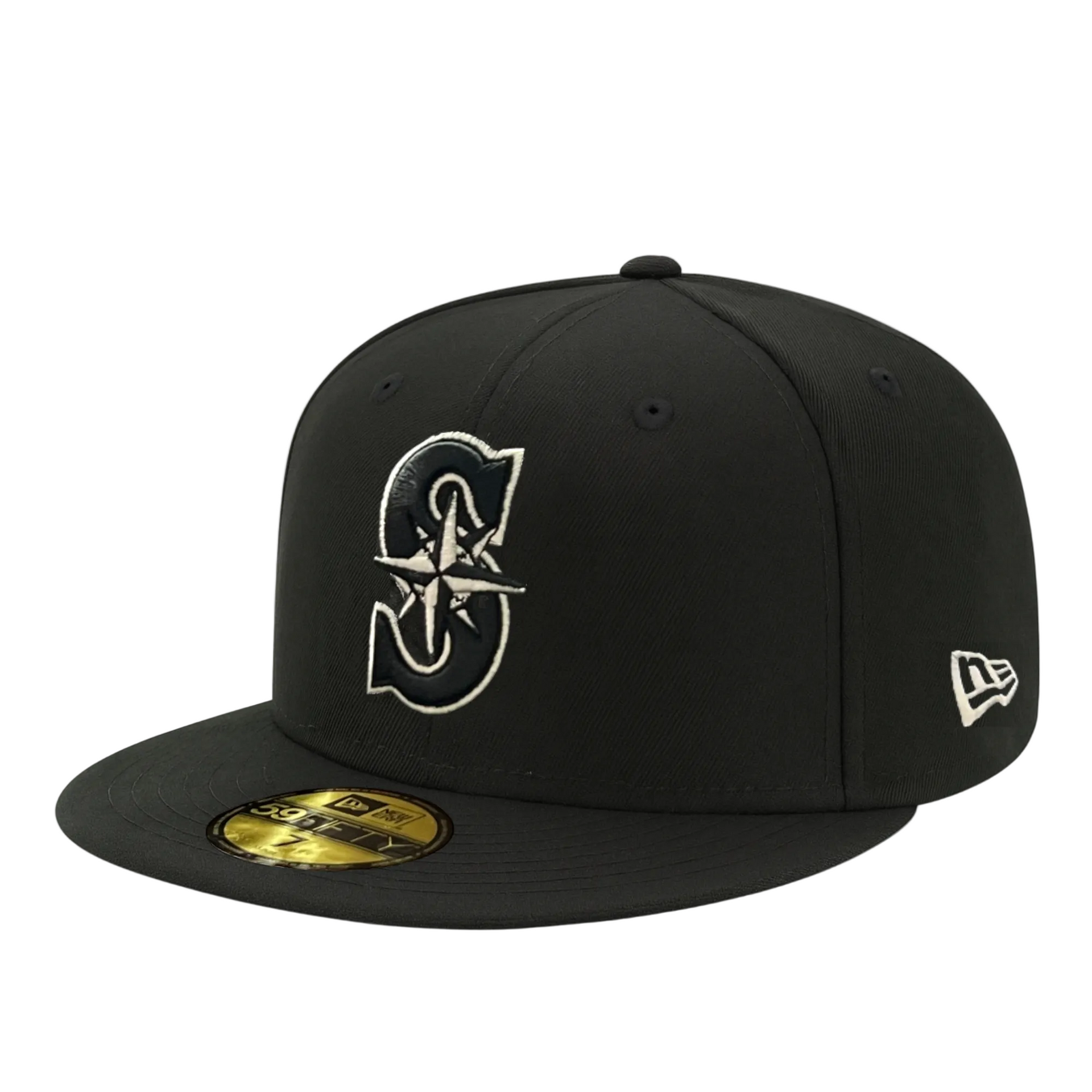 New Era Seattle Mariners Black White Outlined 59FIFTY Fitted Hat front angle view