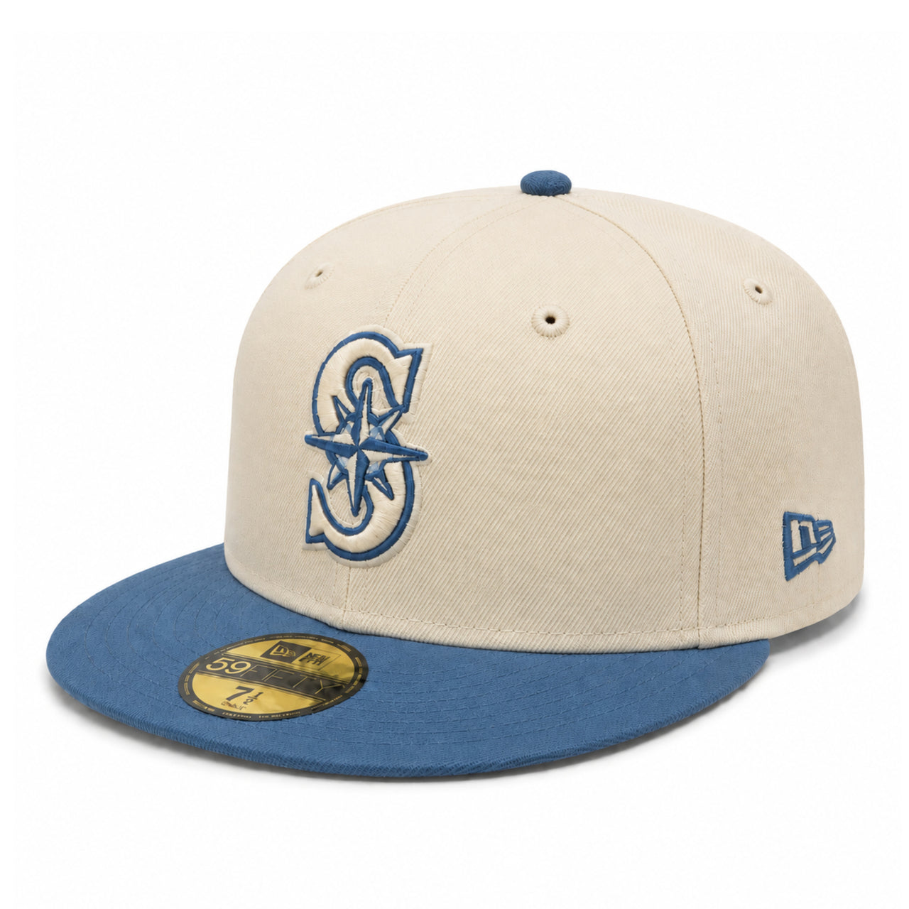 New Era Seattle Mariners Stone/Light Blue 59FIFTY Fitted Hat front left angle view