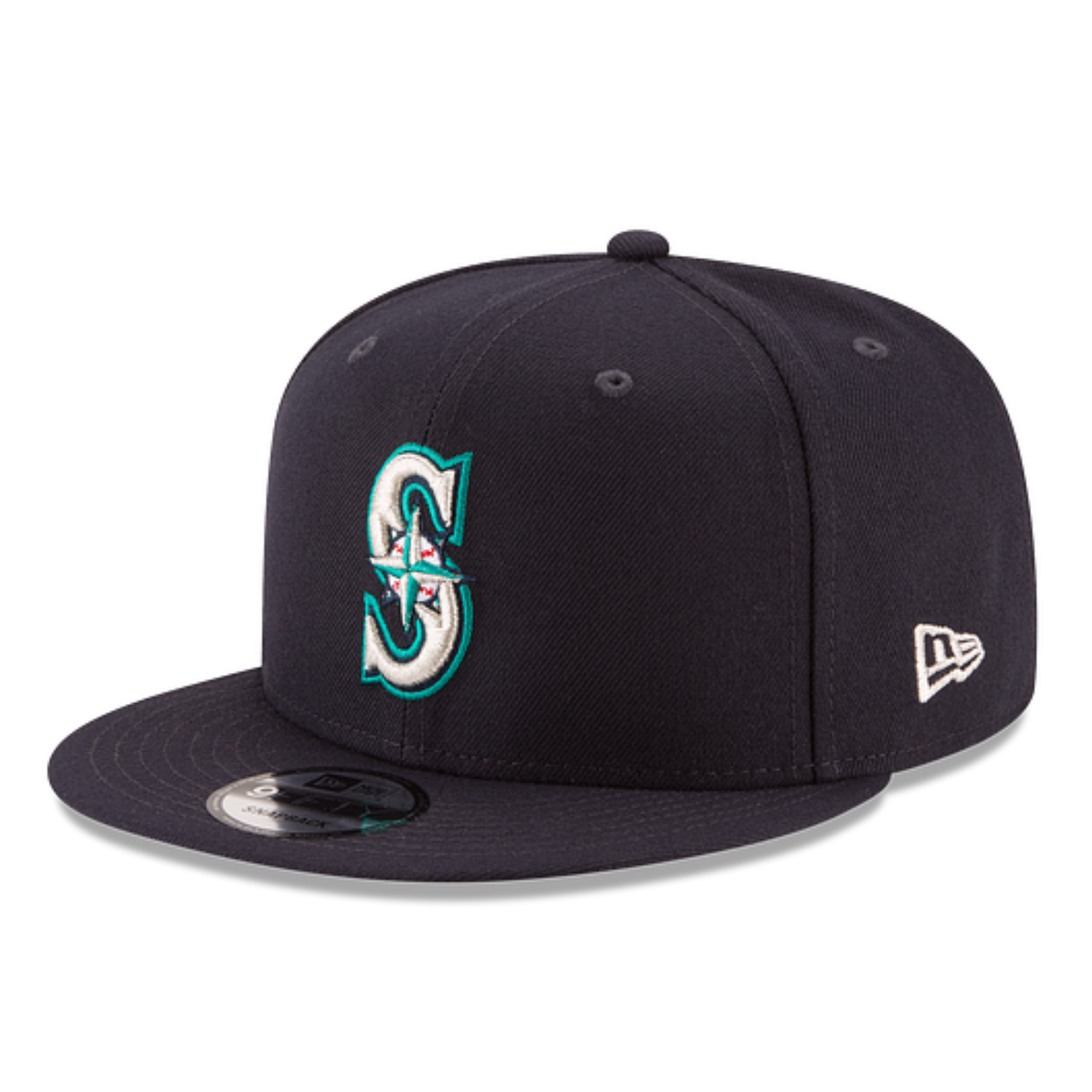 New Era Seattle Mariners Navy 9FIFTY Snapback Hat front left angle view