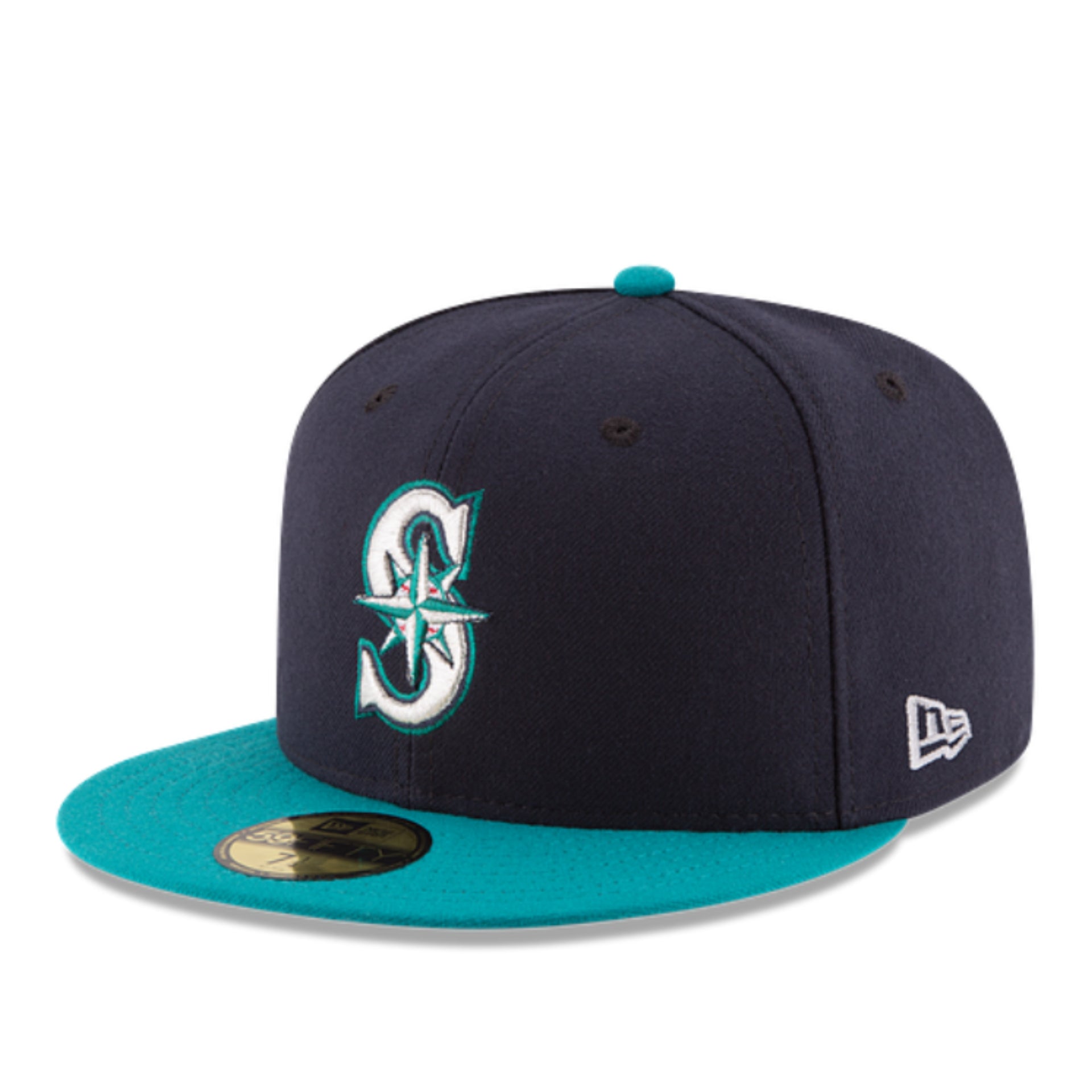 New Era Seattle Mariners 59FIFTY Fitted Cap Navy Teal front left angle view