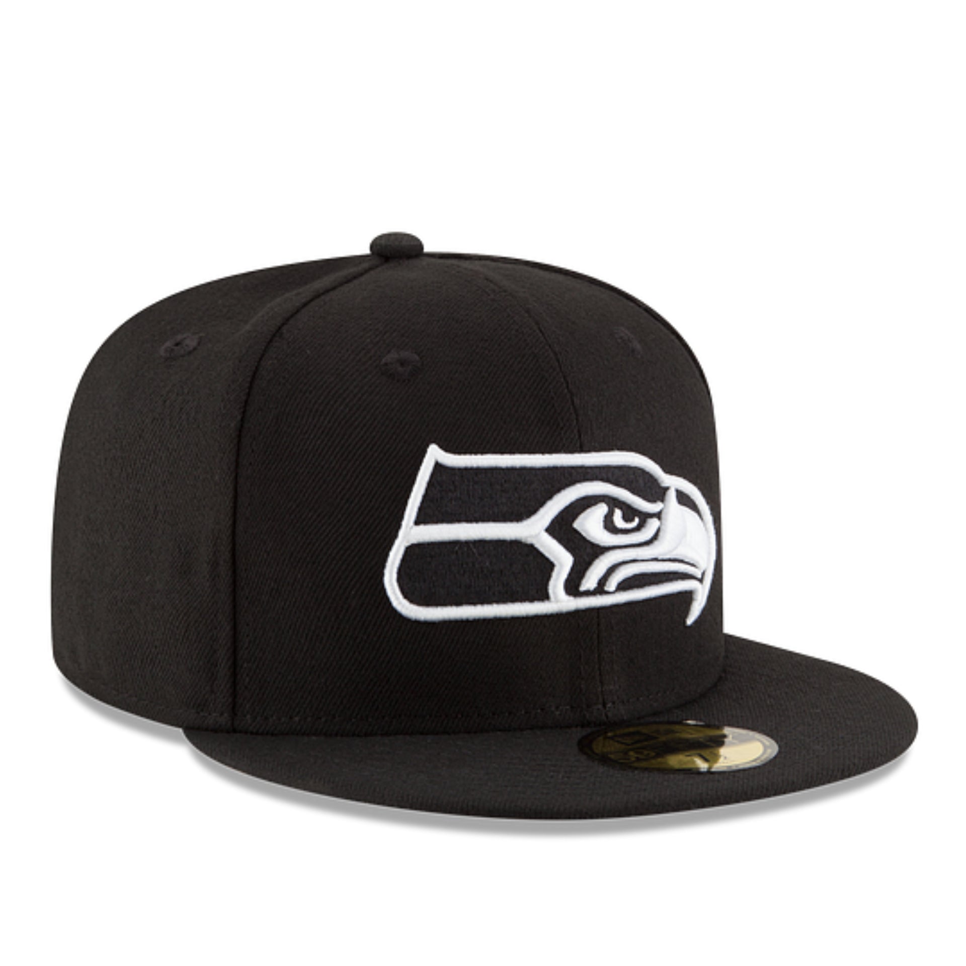 New Era Seattle Seahawks Black White 59FIFTY Fitted Hat front right view