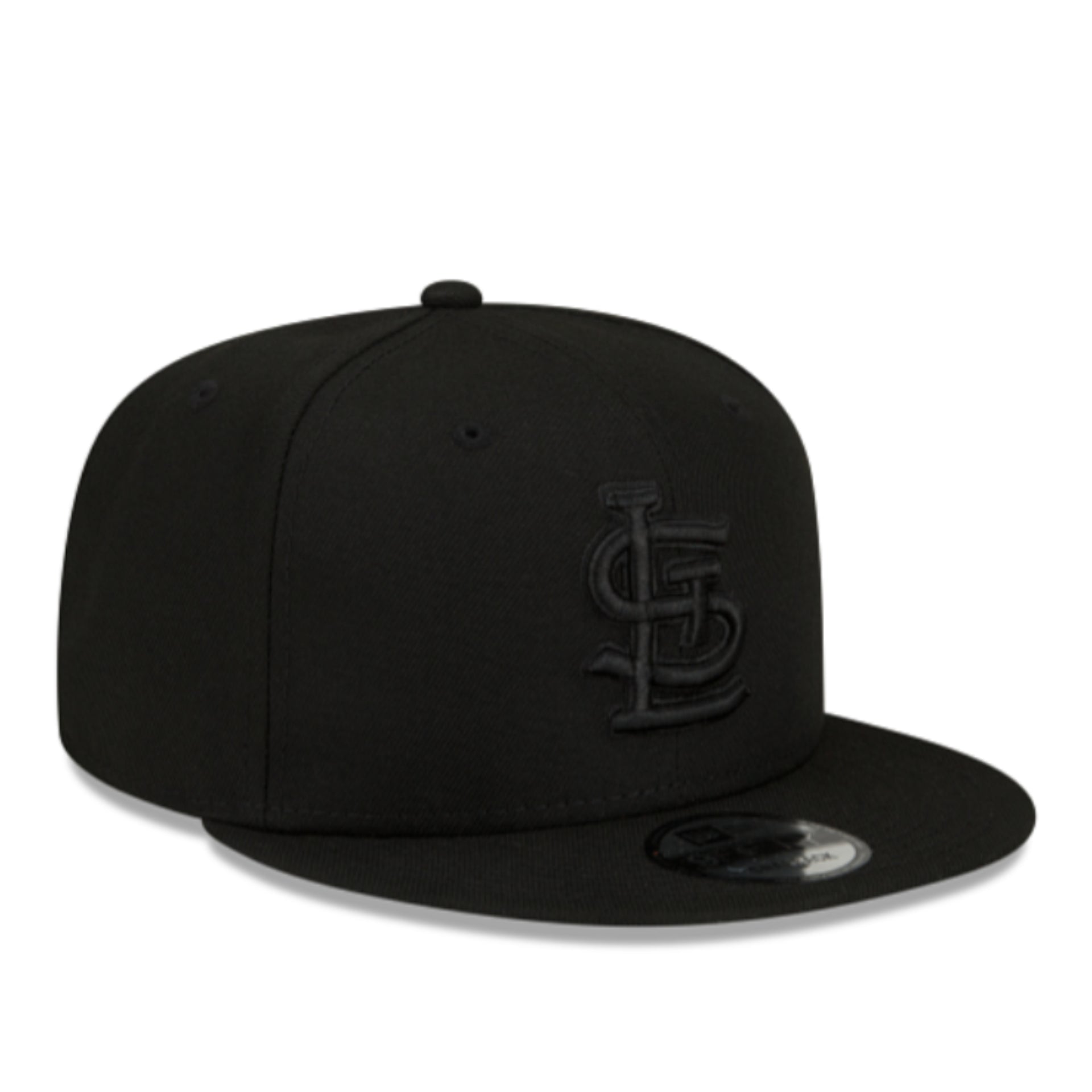 New Era St. Louis Cardinals Black on Black 9FIFTY Snapback front right angle view