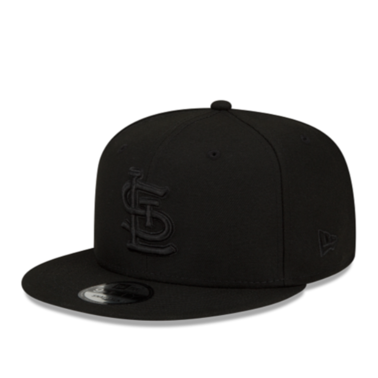 New Era St. Louis Cardinals Black on Black 9FIFTY Snapback front left angle view